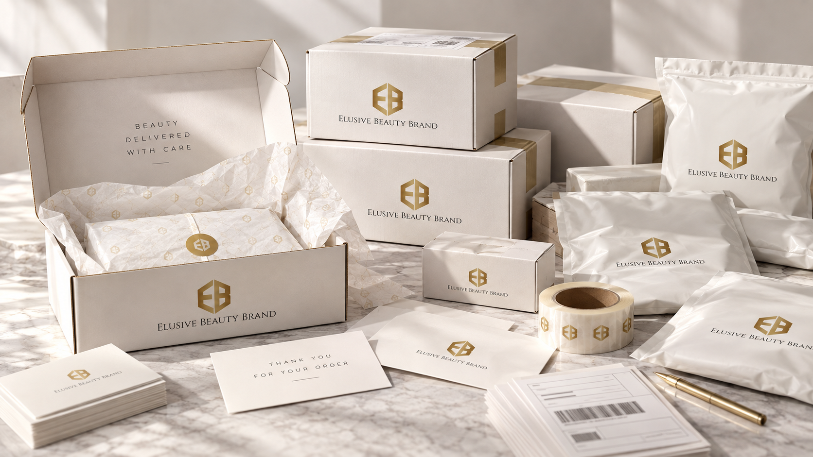 Elusive Beauty Brand branded shipping boxes, mailers, tissue paper and thank-you cards